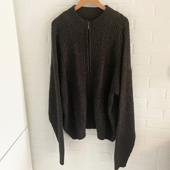 London Fog Mens Full Zip Sweater Cardigan Chunky Cable knit Wool blend Gray 2XL - Picture 2 of 14